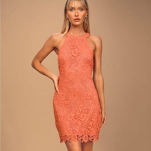 Lulus Love Poem Coral Orange Lace Dress - Small